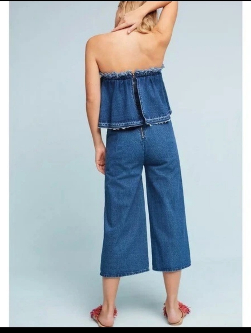 Anthropologie Hei Hei Strapless Tiered Cropped Wide-Leg Denim Jumpsuit Size XS - Picture 10 of 15
